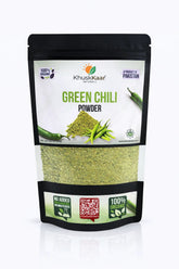 Pure green chili powder by Khuskkaar Naturals in hygienic packaging