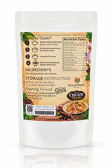 Back of Khuskkaar Naturals Instant Chicken Pulao 100g pouch with cooking instructions ingredients and nutrition facts