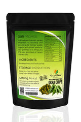 Back side packaging of KhuskKaar spicy okra chips with ingredients and nutrition facts