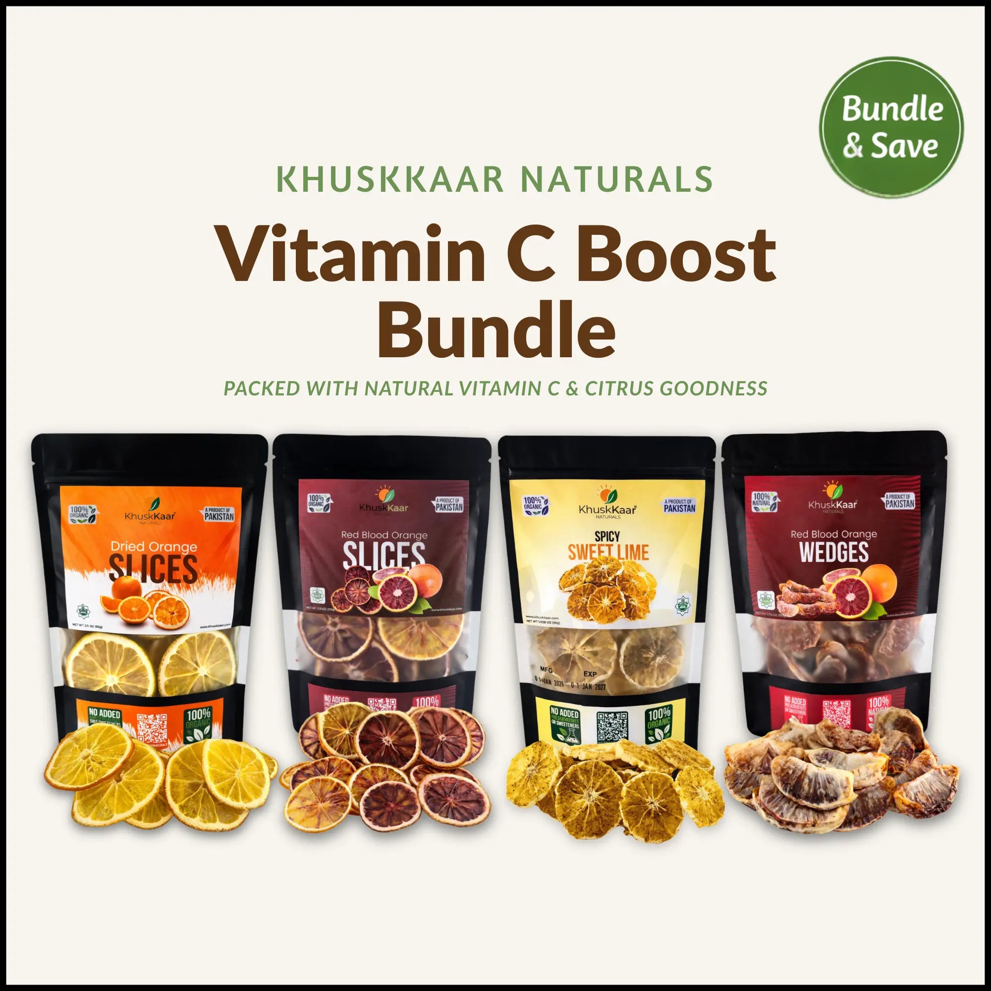 Khuskkaar Naturals Vitamin C Boost Bundle – Sweet Lime, Blood Orange Slices & Citrus Dried Fruits Combo in Pakistan