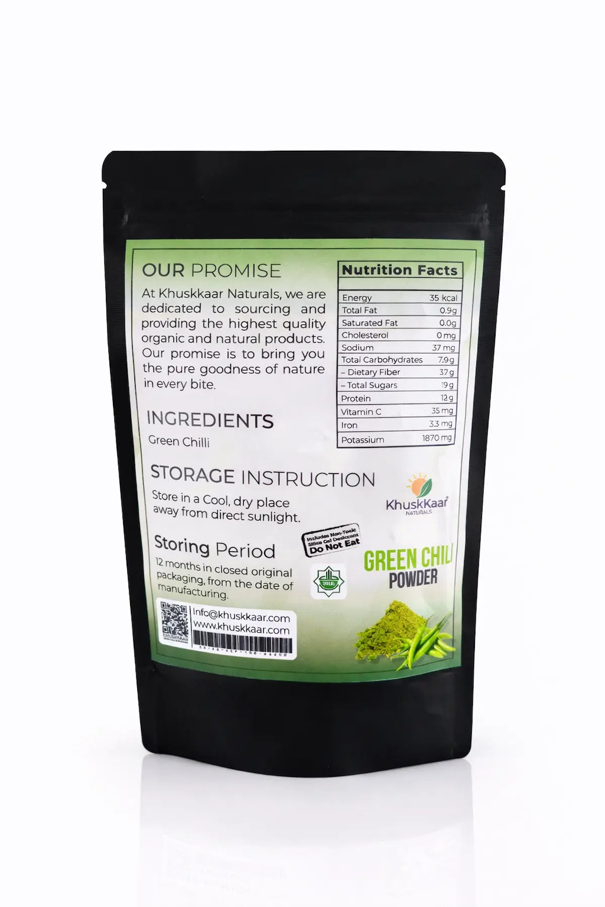 Ingredients and packaging details of green chili powder by Khuskkaar Naturals