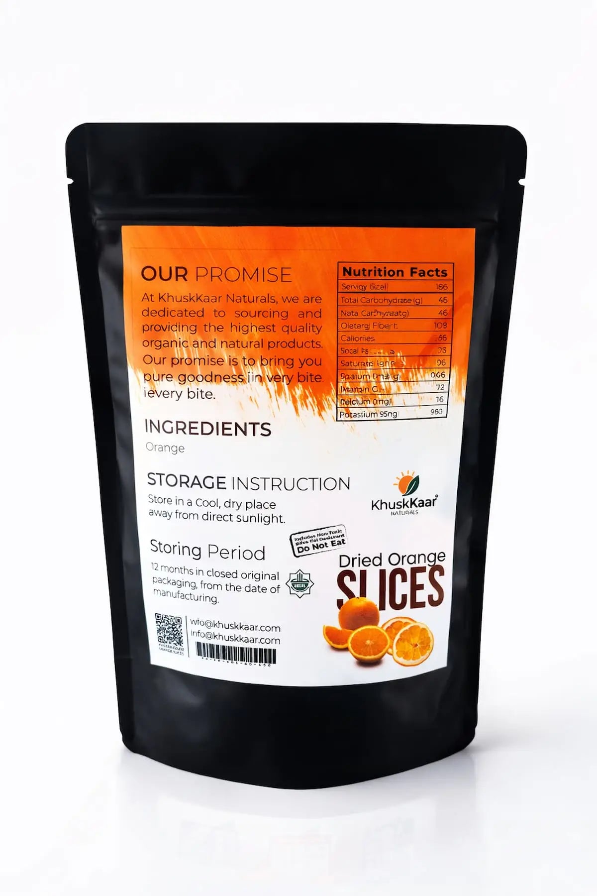 Packaging and ingredients of Khuskkaar dehydrated orange slices