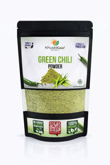 Pure green chili powder by Khuskkaar Naturals in hygienic packaging