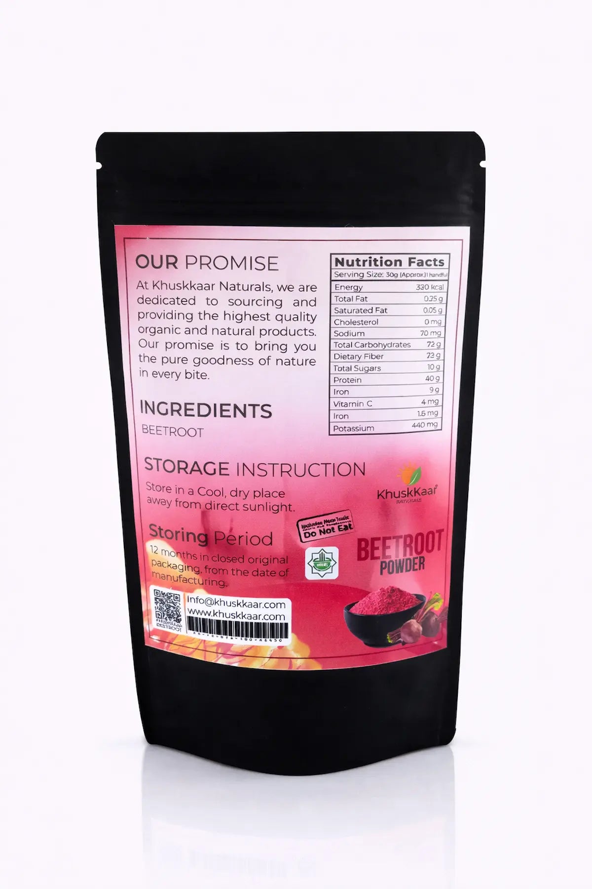 Ingredients and packaging details of beetroot powder by Khuskkaar Naturals