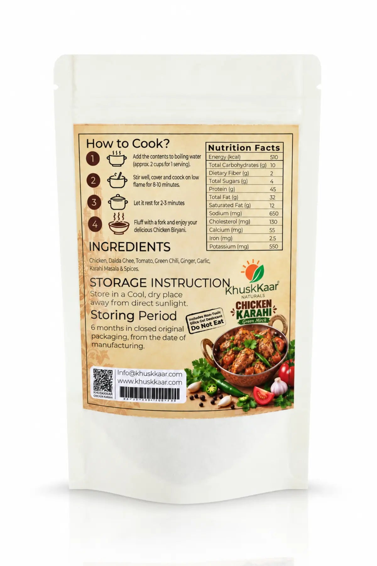 Back of Khuskkaar Naturals Instant Chicken Karahi Green Mirch 100g pouch with cooking instructions and ingredients