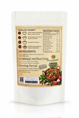 Back of Khuskkaar Naturals Instant Chicken Karahi Green Mirch 100g pouch with cooking instructions and ingredients