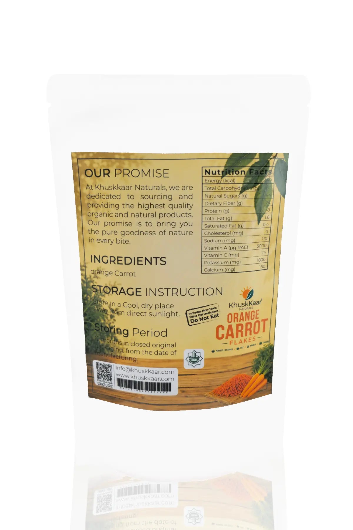 Back Label of Khuskkaar Naturals Dehydrated Orange Carrot Flakes