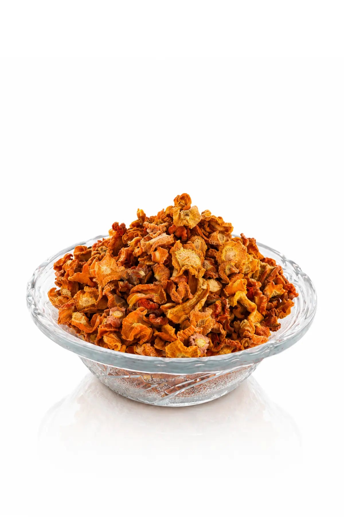 Premium Dehydrated Orange Carrot Flakes in Glass Bowl
