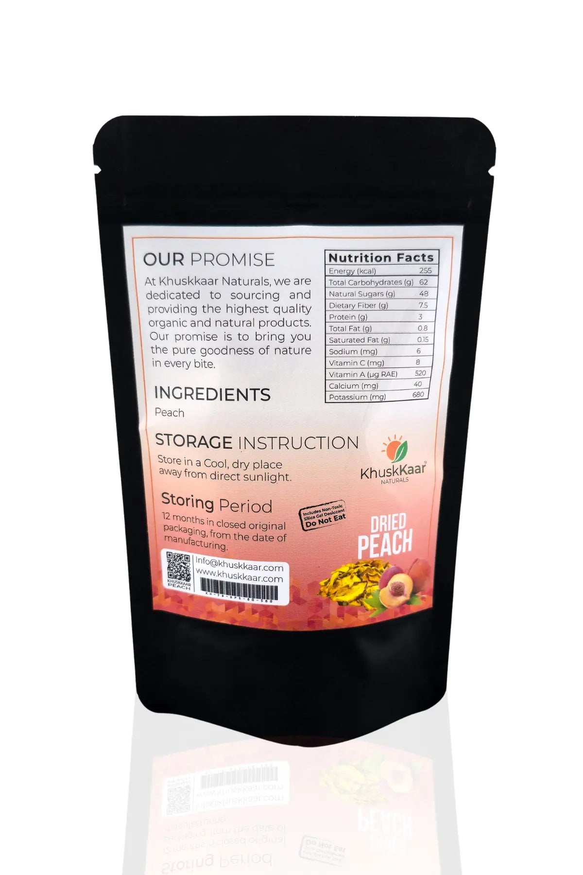 dehydrated peach nutrition and storage packaging