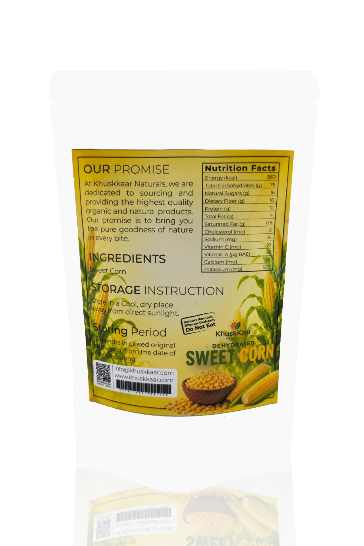 Back Label of Khuskkaar Naturals Dehydrated Sweet Corn