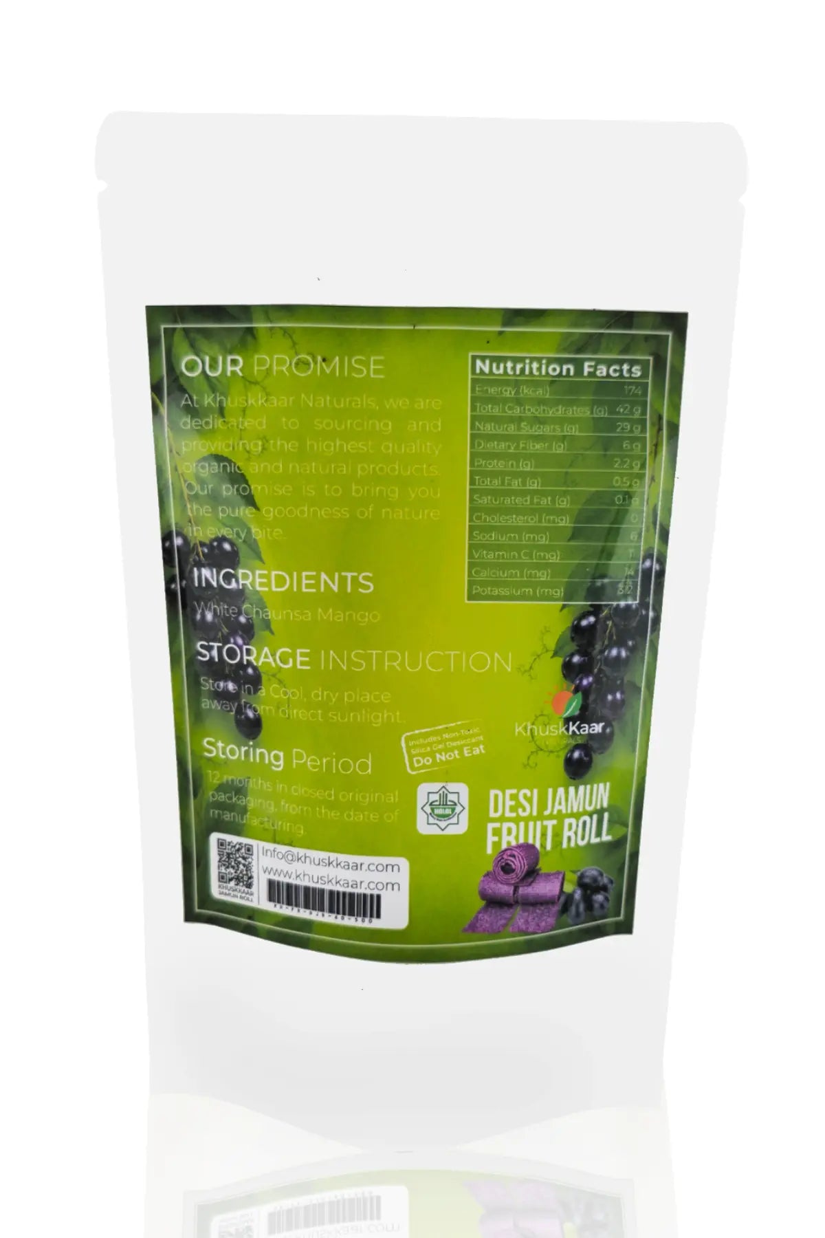 Back side packaging of KhuskKaar Naturals Desi Jamun Fruit Roll