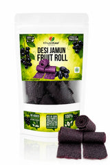 Desi Jamun Fruit Roll beside packaging by KhuskKaar Naturals