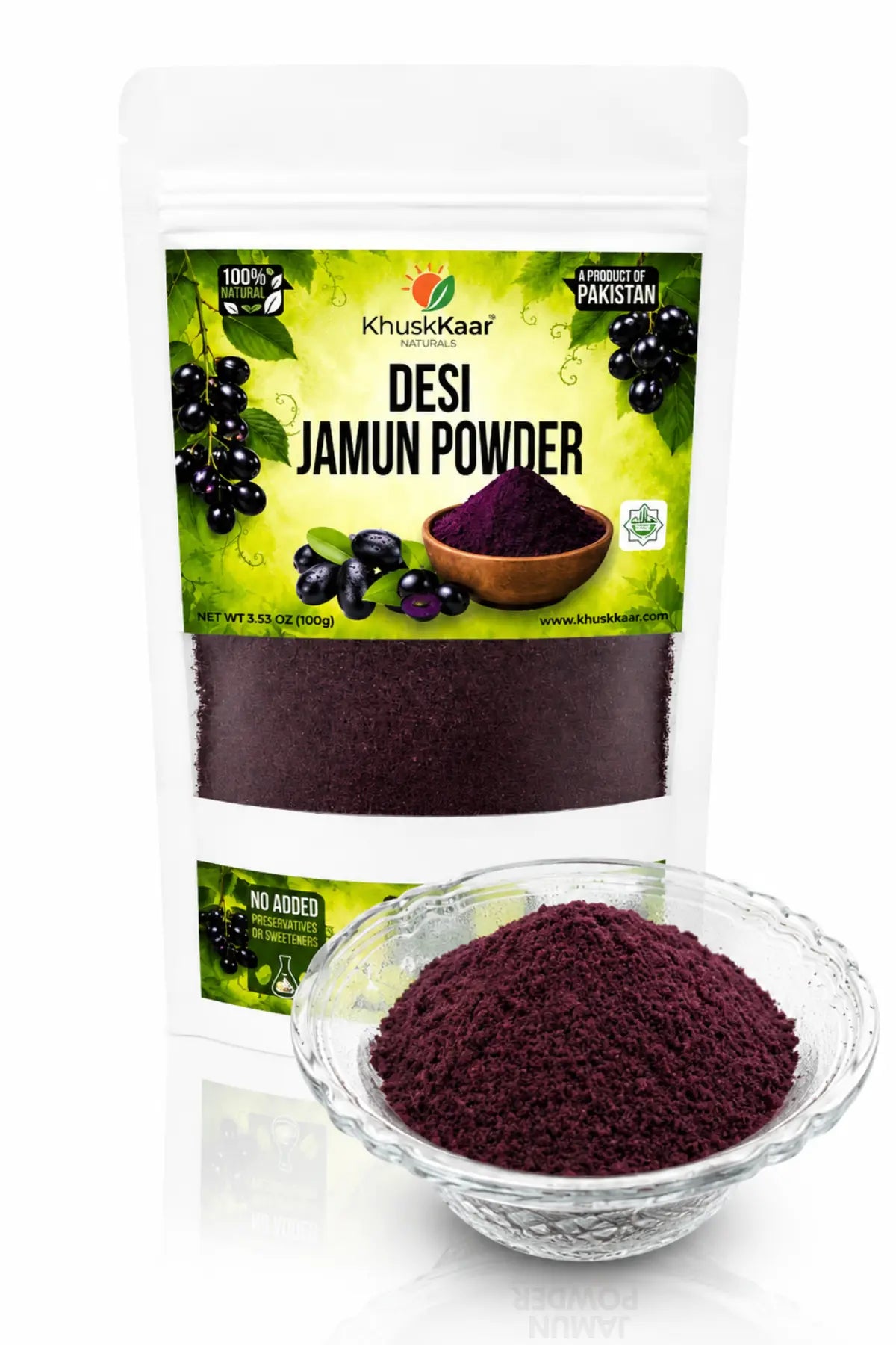 KhuskKaar Naturals Desi Jamun Powder with bowl of natural fruit powder