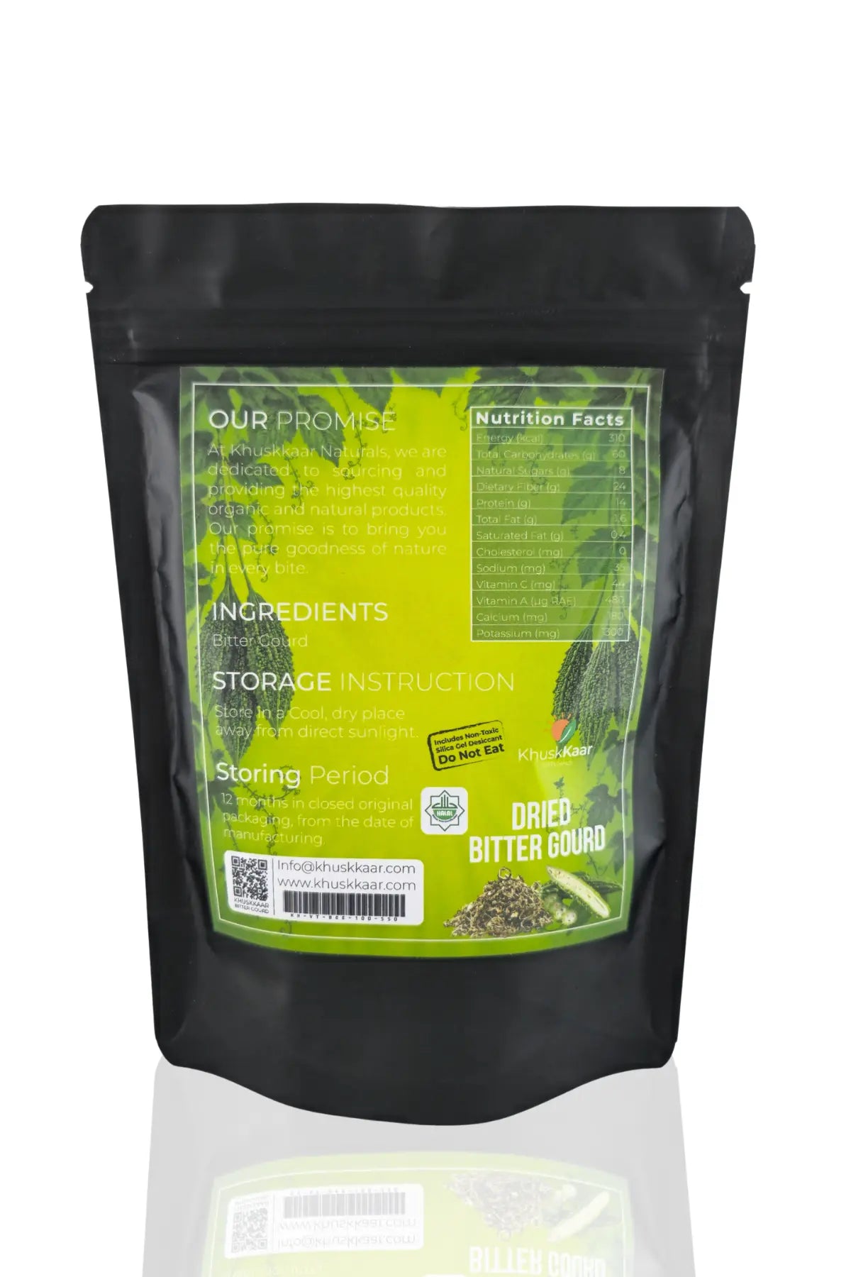 Back side packaging of KhuskKaar Naturals Dried Bitter Gourd