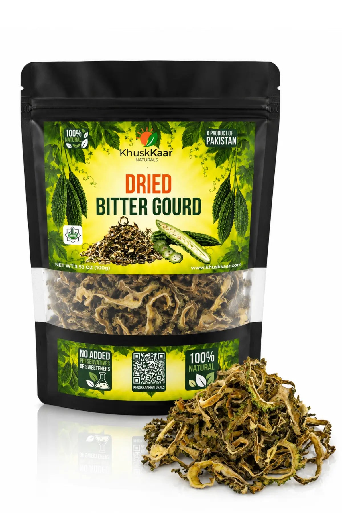 KhuskKaar Naturals Dried Bitter Gourd pack with dehydrated bitter gourd slices