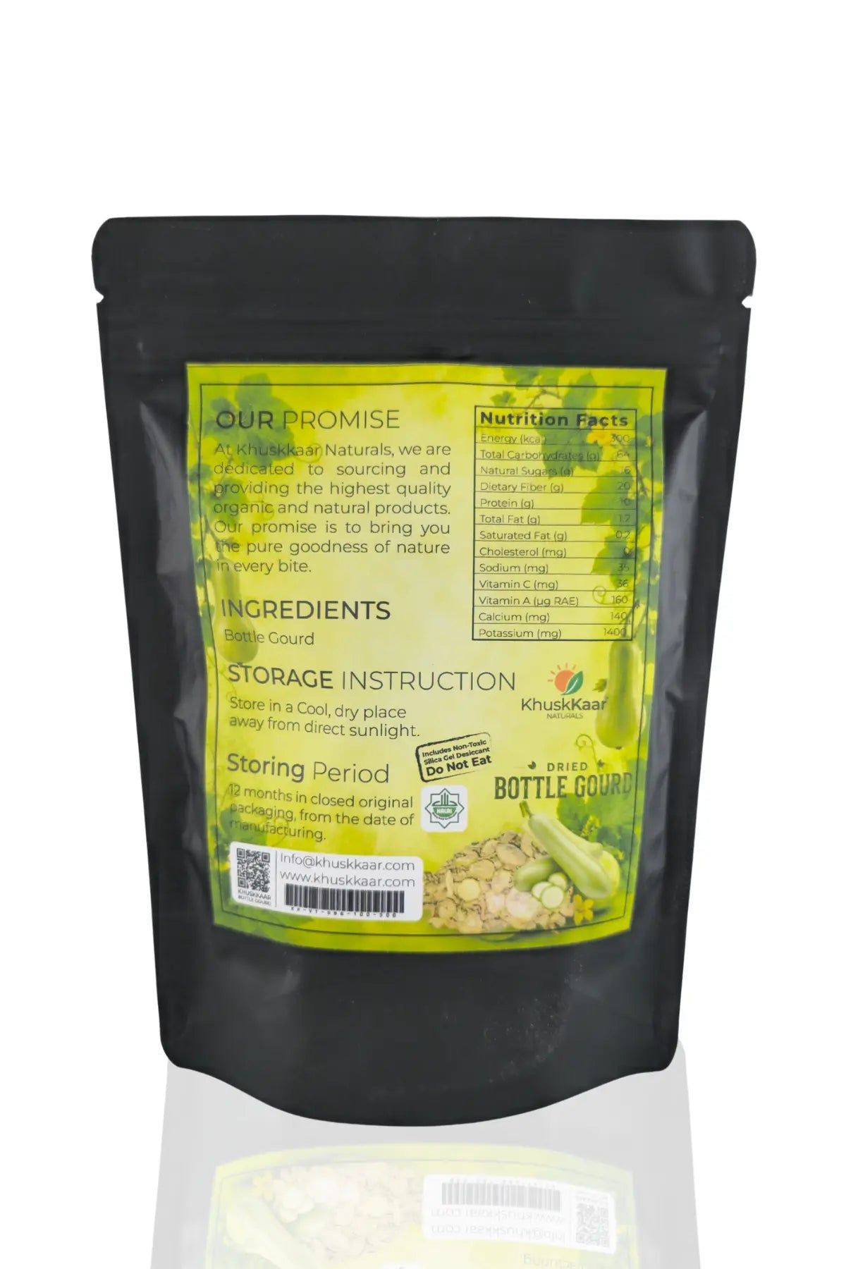 Back Label of Khuskkaar Naturals Dried Bottle Gourd Slices