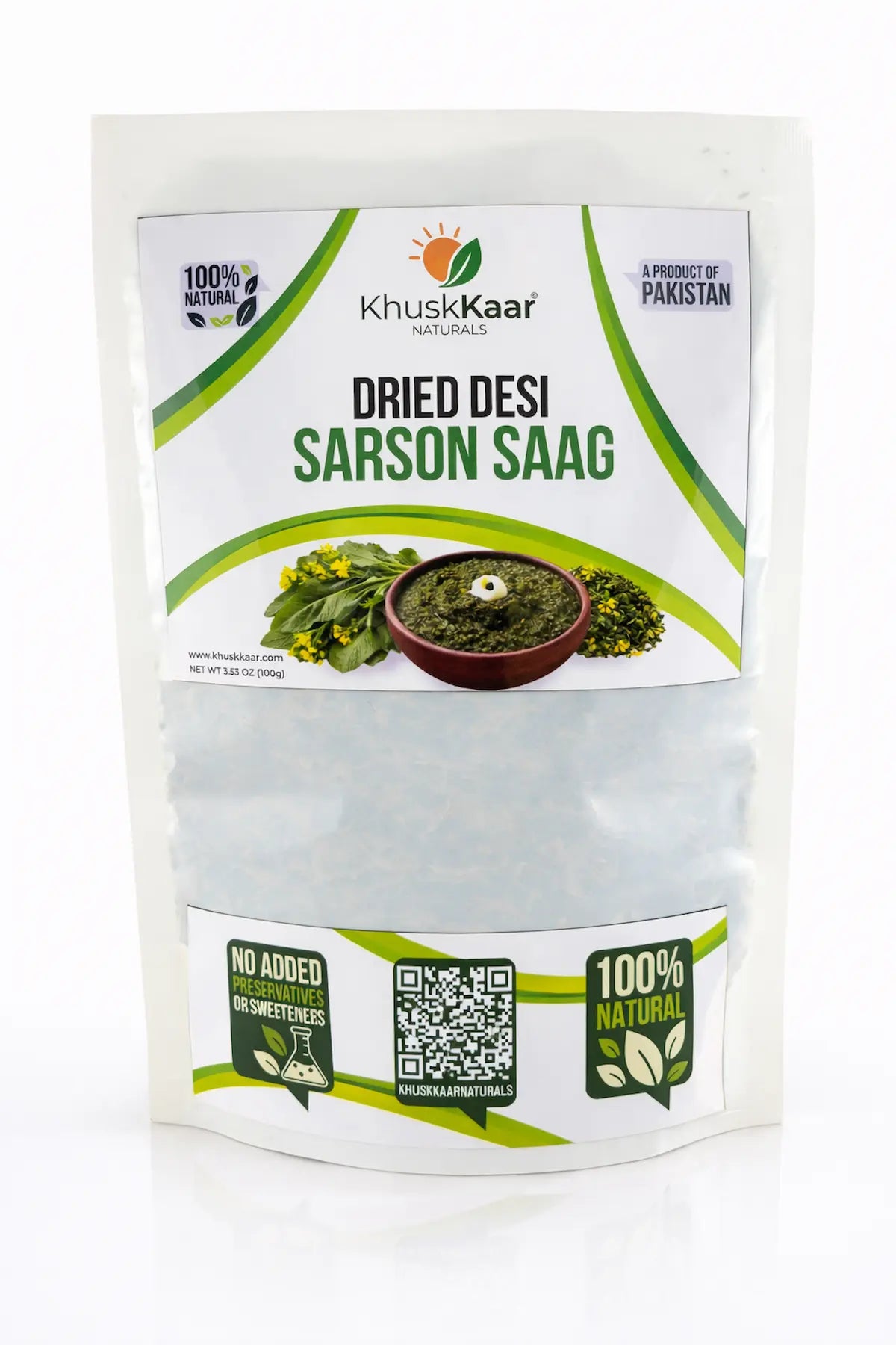 Khuskkaar Naturals dried desi sarson saag product pack