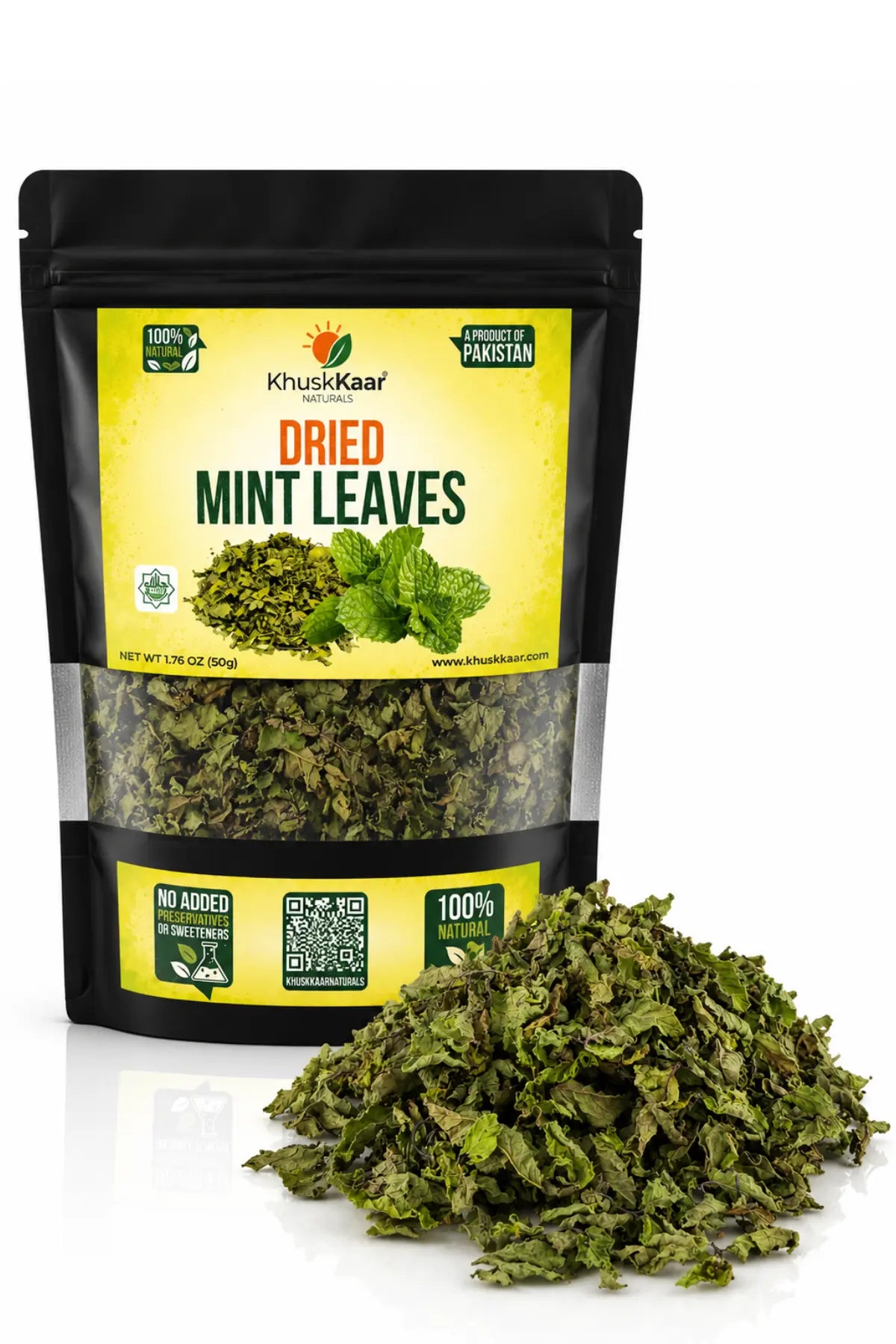 Khuskkaar Naturals Dried Mint Leaves 50g with loose dried mint