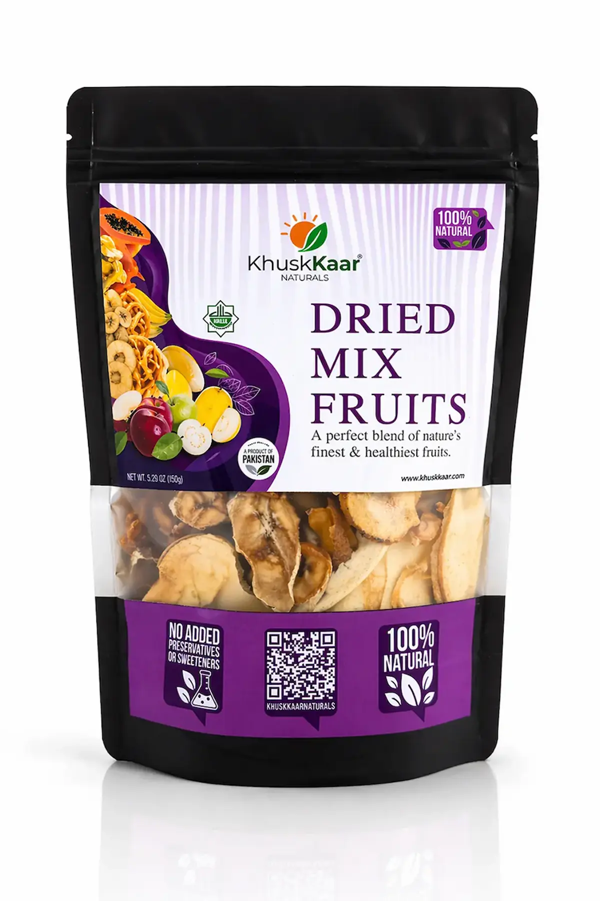 KhuskKaar Naturals dried mix fruits 150g front packaging natural dehydrated fruit snack Pakistan