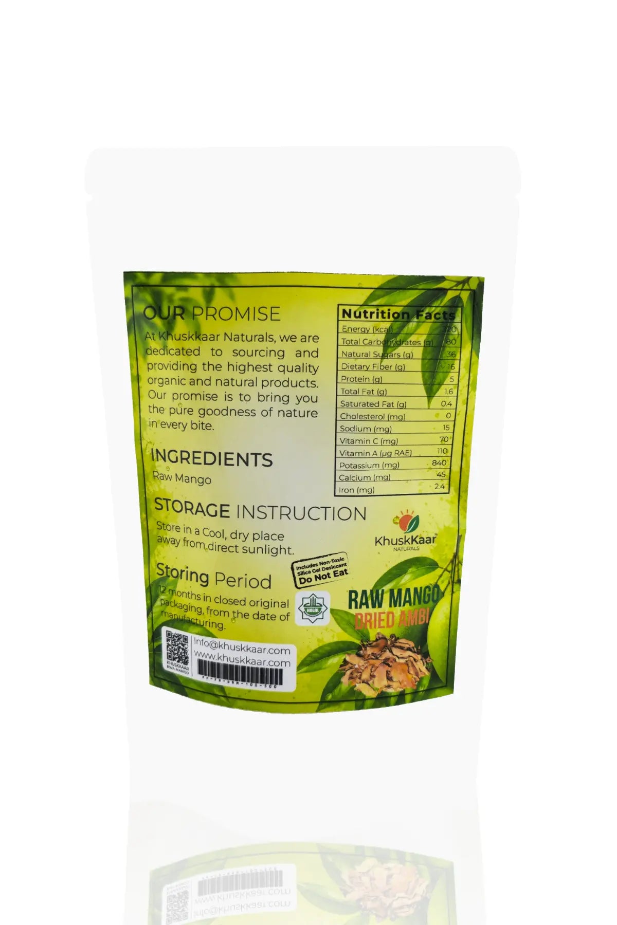 Back Label of Khuskkaar Naturals Dried Raw Mango (Ambi)