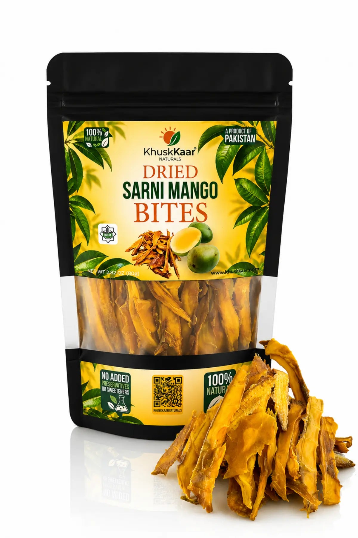 Dried Sarni Mango Bites healthy mango snack beside packaging