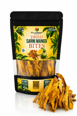 Dried Sarni Mango Bites healthy mango snack beside packaging