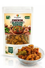 Khuskkaar Naturals Instant Chicken Karahi Green Mirch 100g pouch with prepared Chicken Karahi