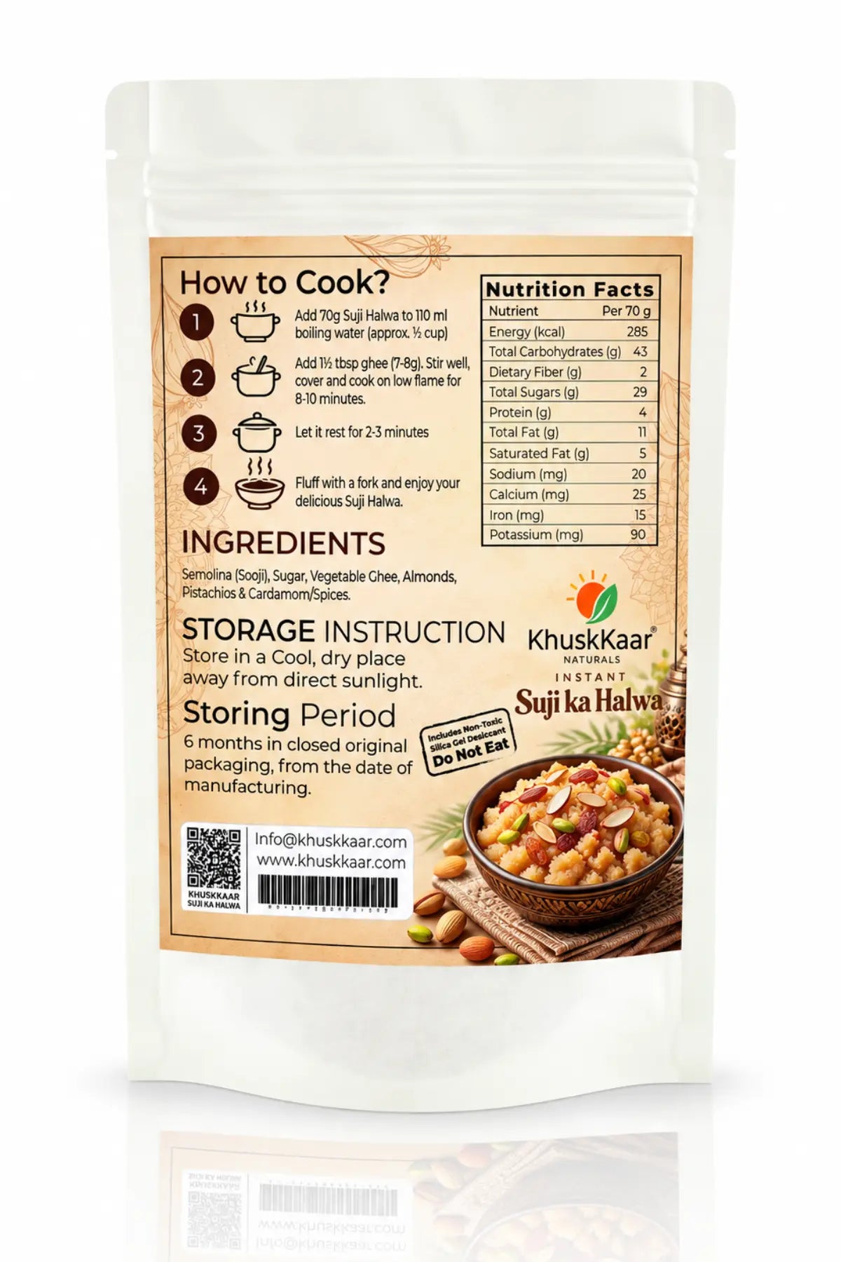 Khuskkaar Naturals Instant Suji Ka Halwa 70g back packaging with preparation instructions