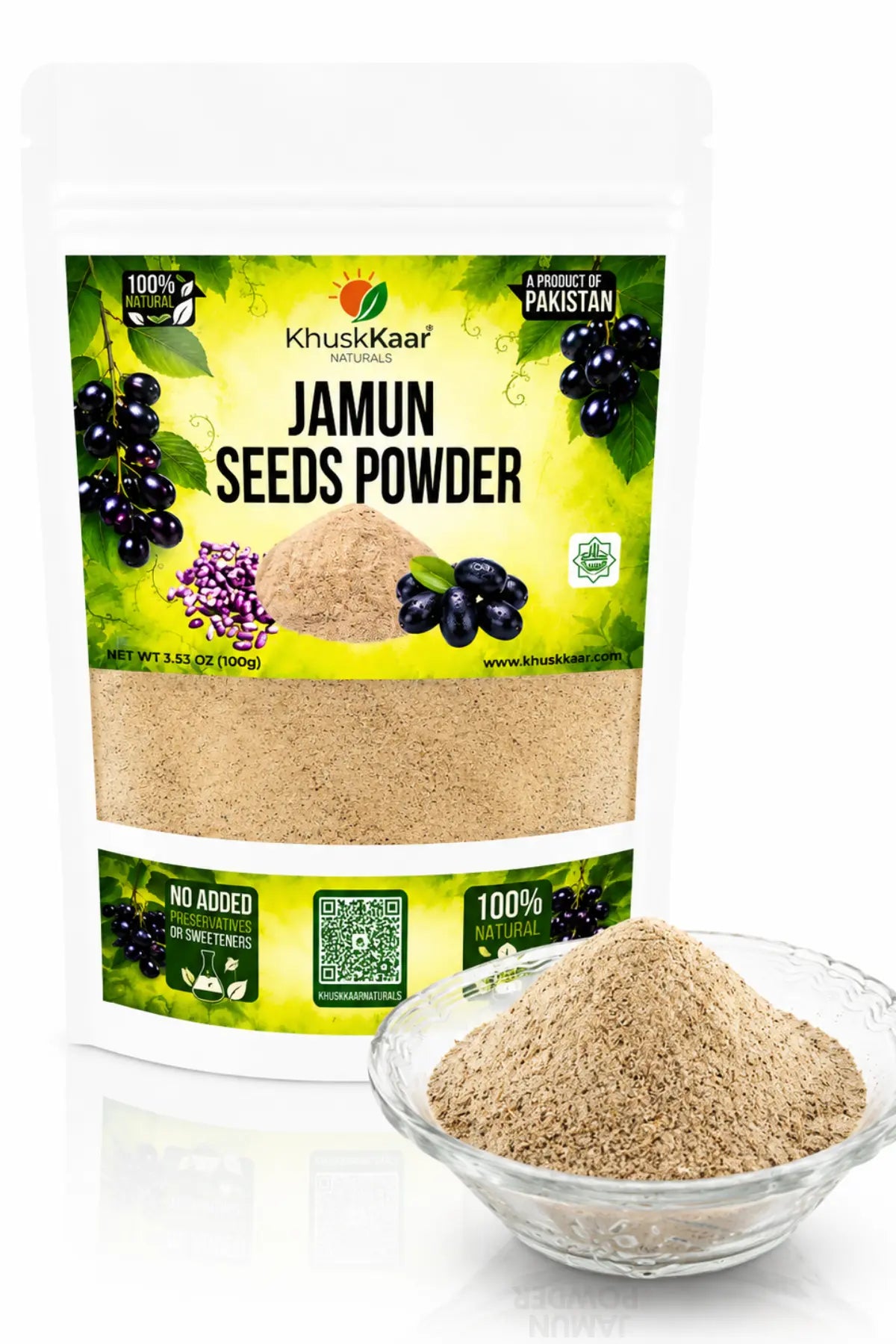 KhuskKaar Naturals Jamun Seeds Powder with bowl of finely ground powder