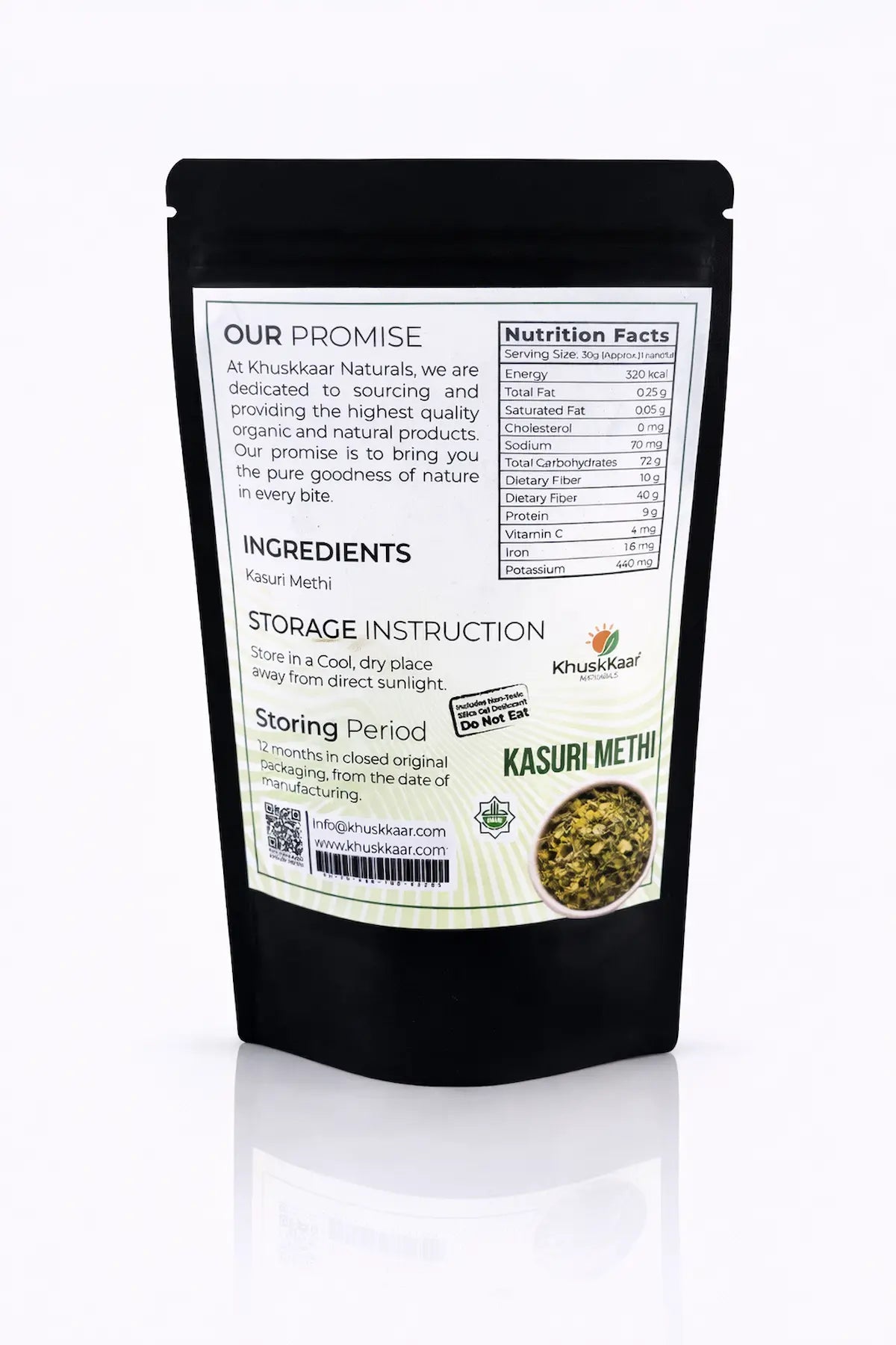 Ingredients and packaging of Kasuri Methi by Khuskkaar Naturals