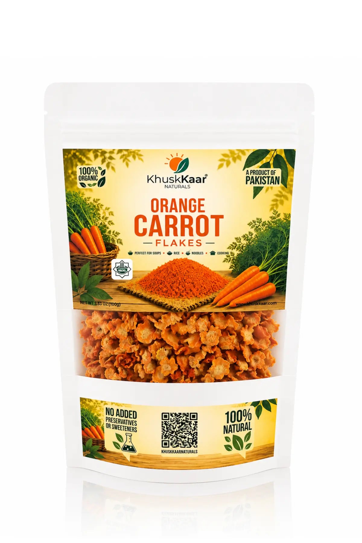 Khuskkaar Naturals Dehydrated Orange Carrot Flakes 100g Front Packaging
