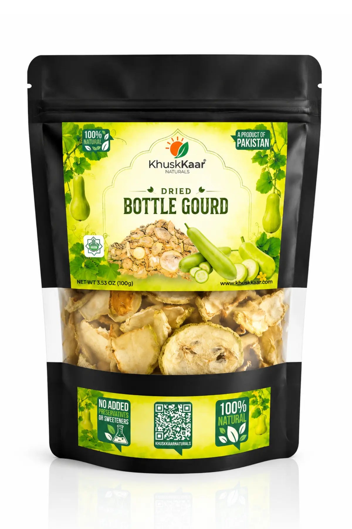 Khuskkaar Naturals Dried Bottle Gourd Slices 100g Front Packaging
