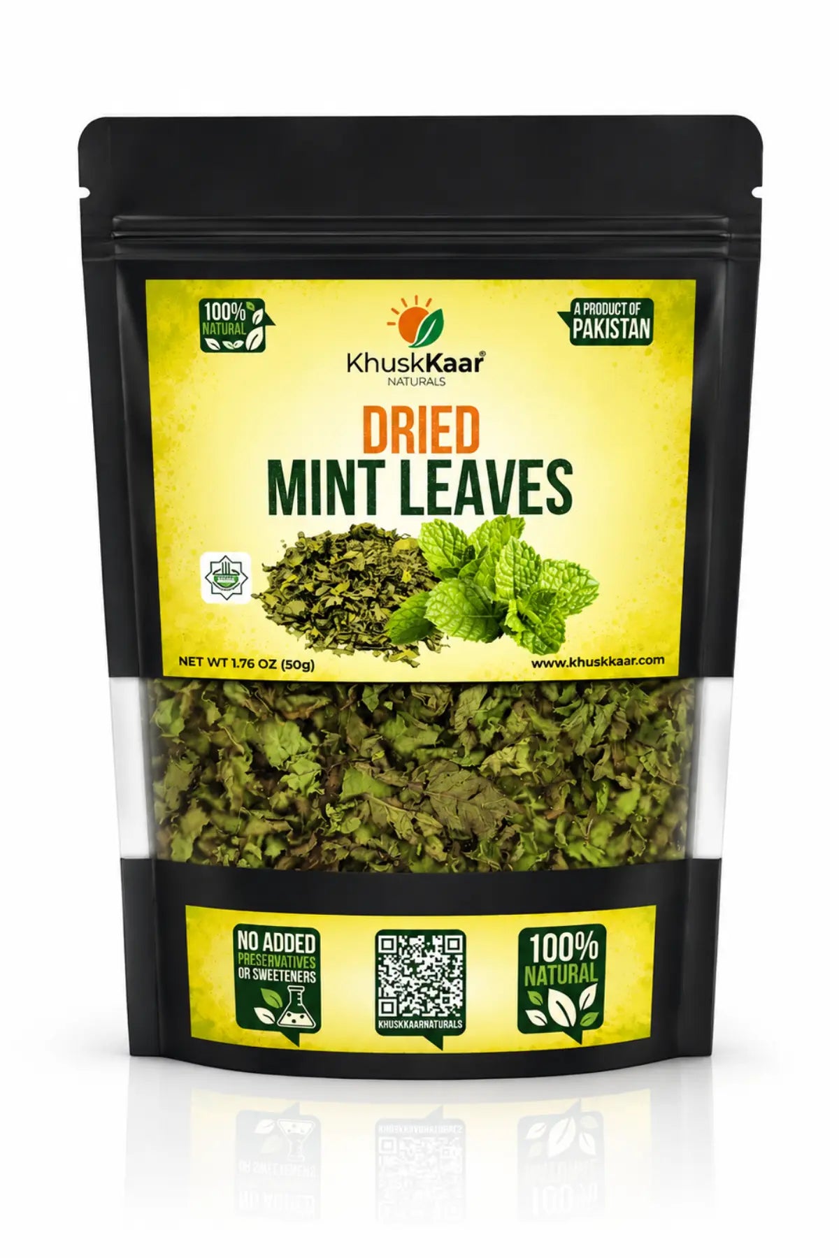 Khuskkaar Naturals Dried Mint Leaves 50g front packaging