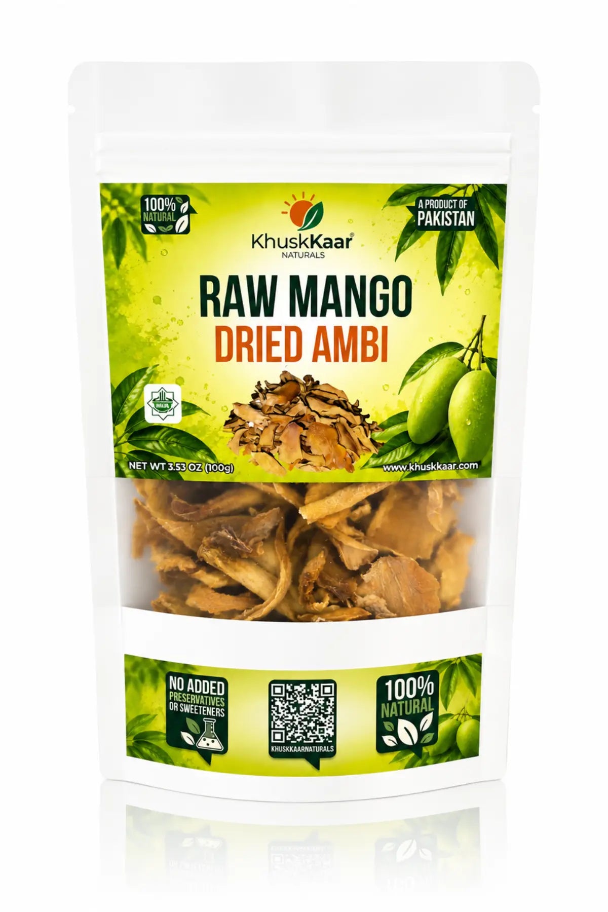 Khuskkaar Naturals Dried Raw Mango Ambi 100g Front Packaging
