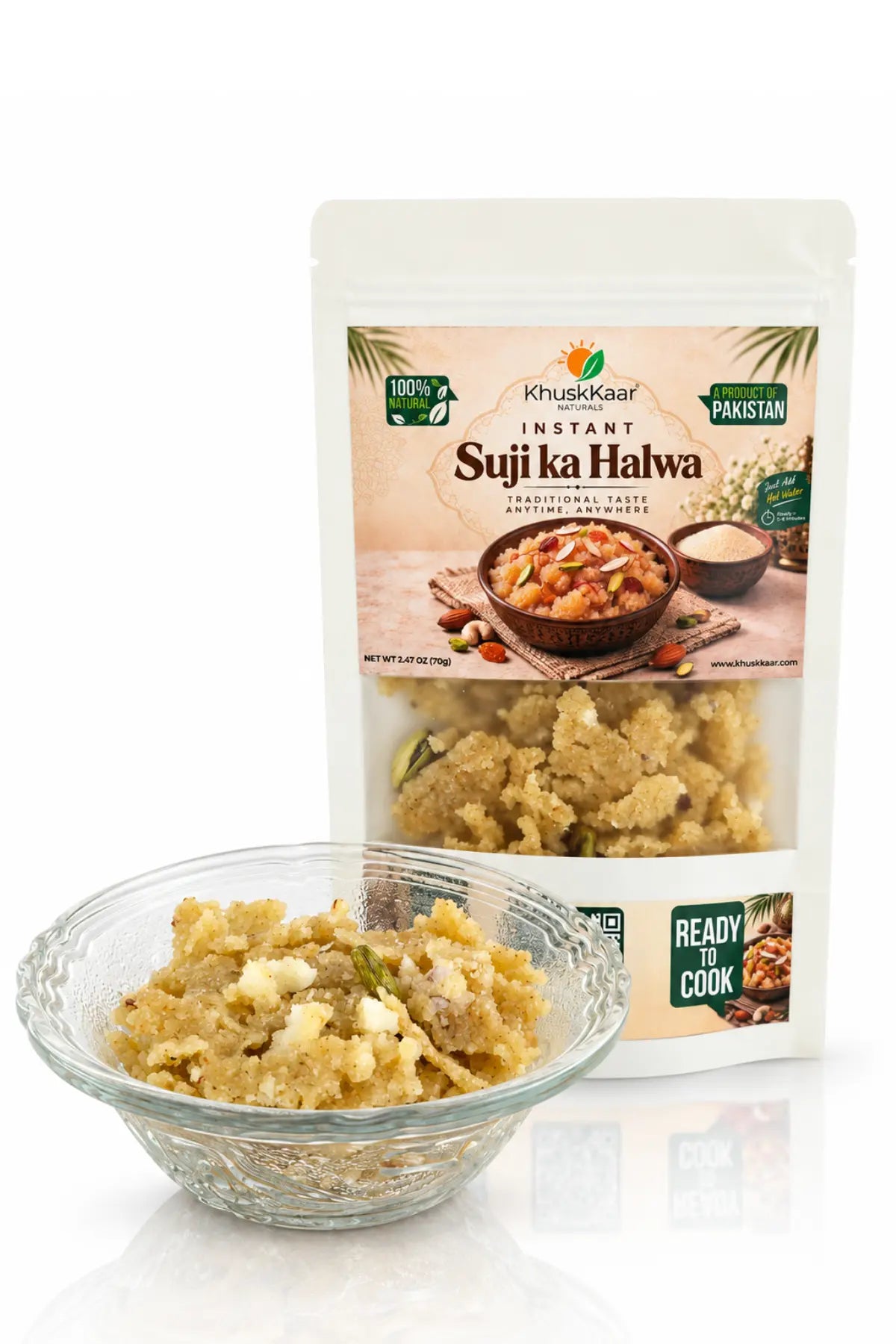 Prepared Instant Suji Ka Halwa with almonds and pistachios by Khuskkaar Naturals