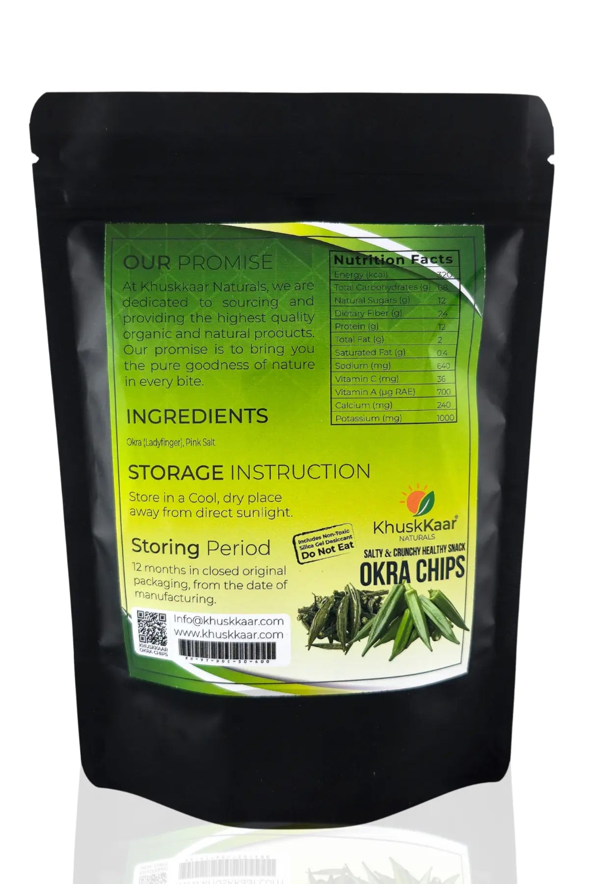 Back side packaging of KhuskKaar salty okra chips showing nutrition and ingredients