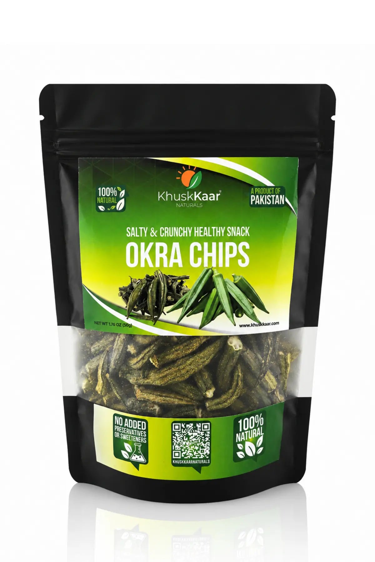 KhuskKaar Naturals salty okra chips healthy crunchy snack front packaging