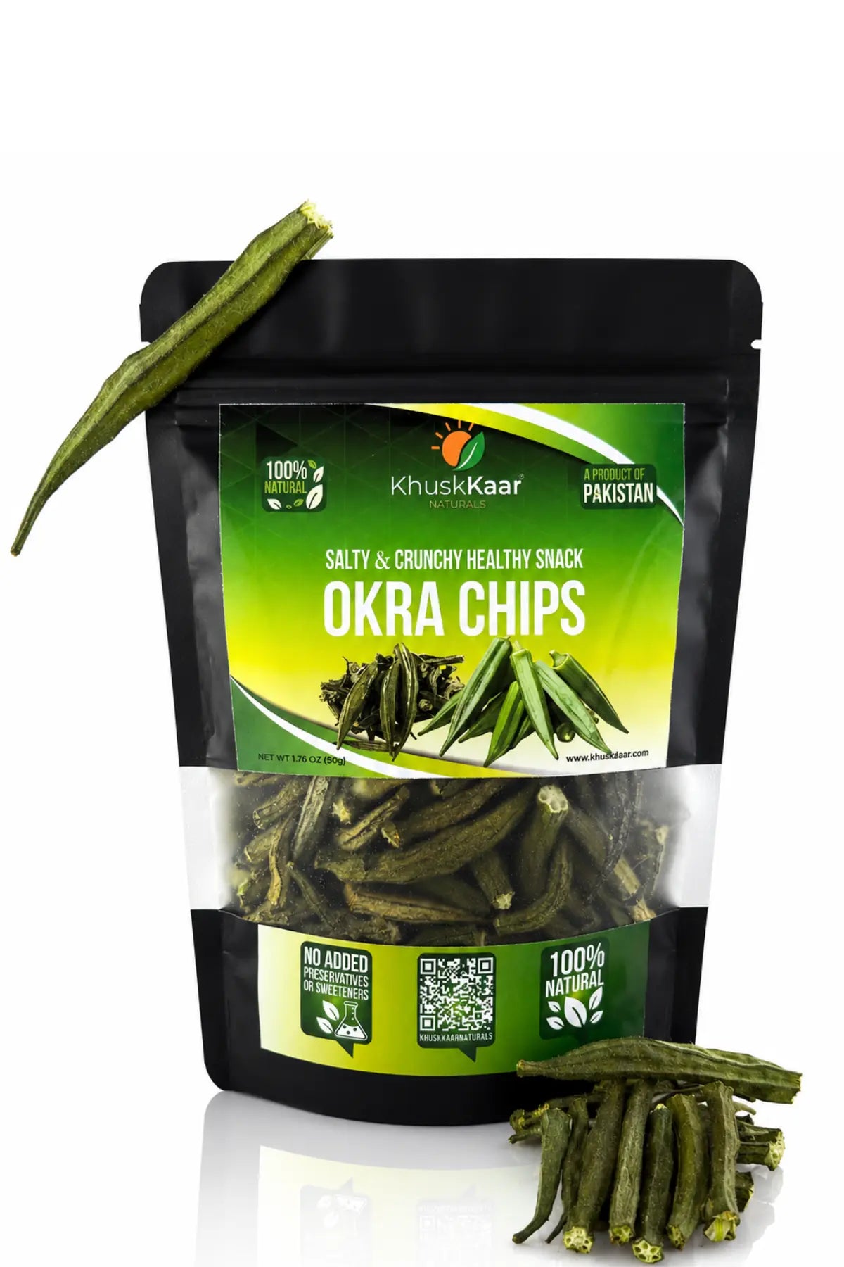 Salty dehydrated okra chips with crispy okra pieces healthy vegetable snack