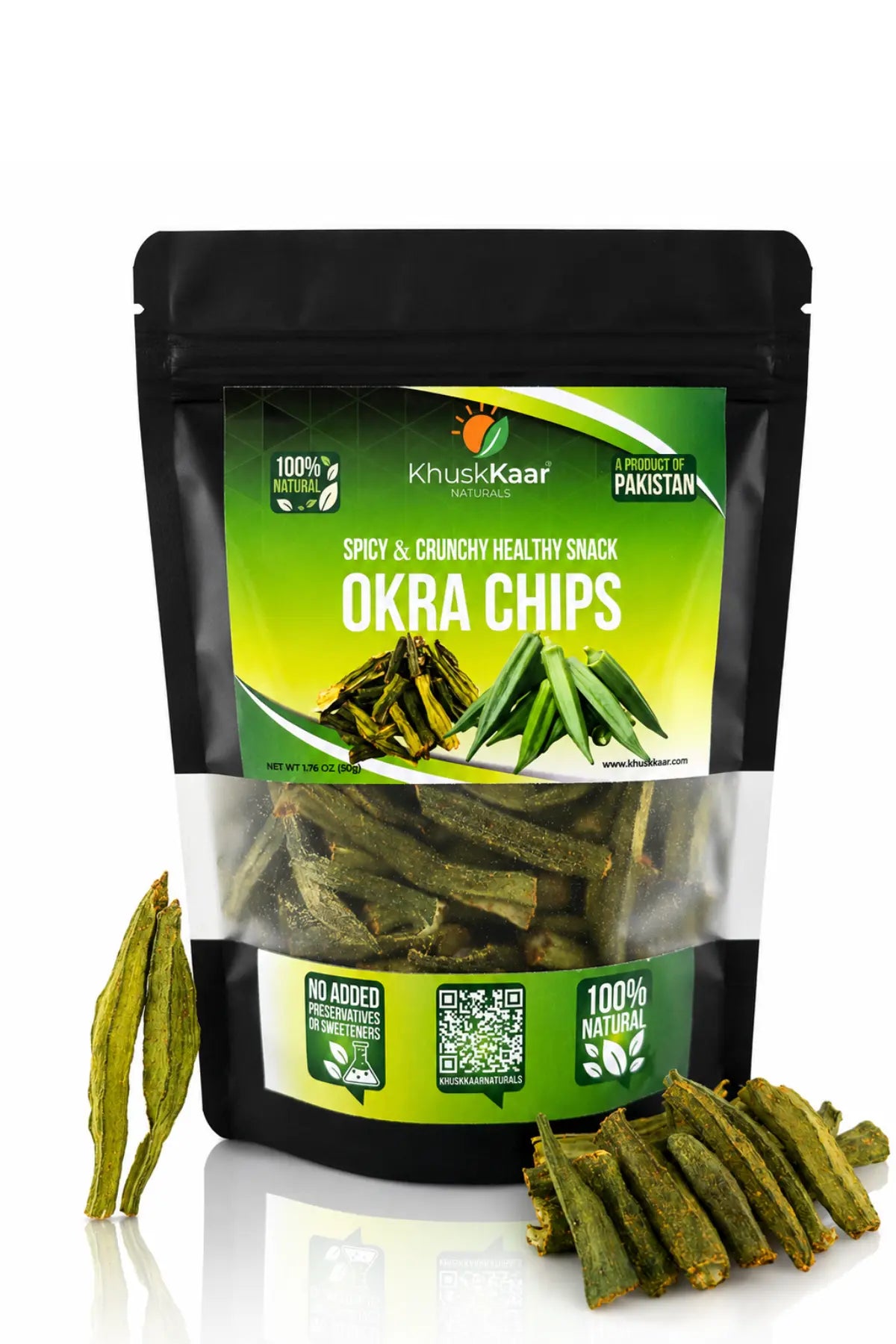 Spicy dehydrated okra chips with crunchy okra pieces by KhuskKaar Naturals