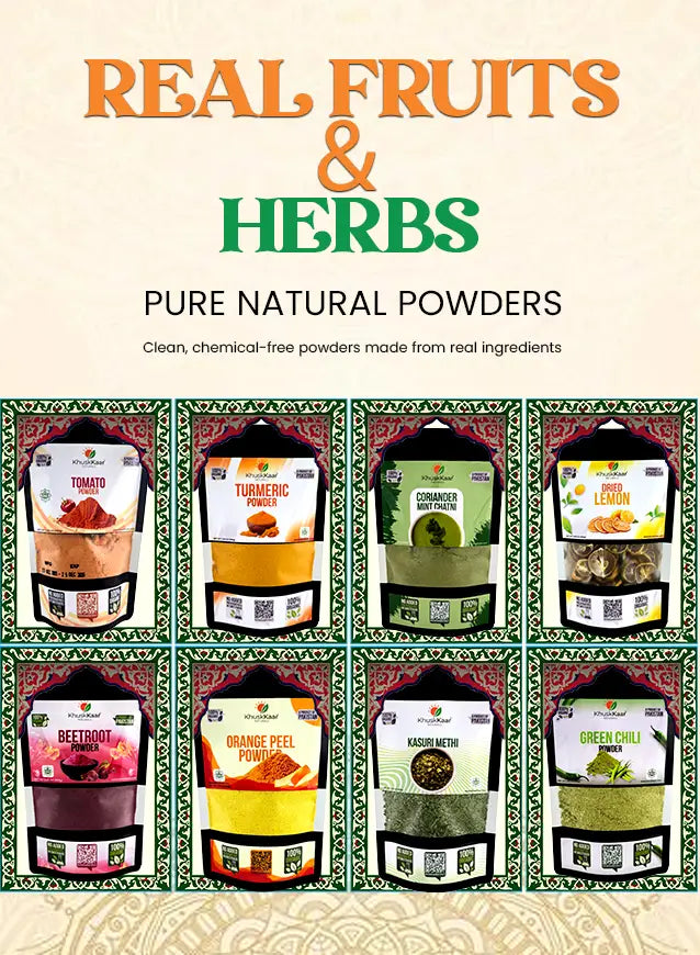 Khuskkaar Naturals Pakistan made pure natural fruit and herb powders in retail packaging