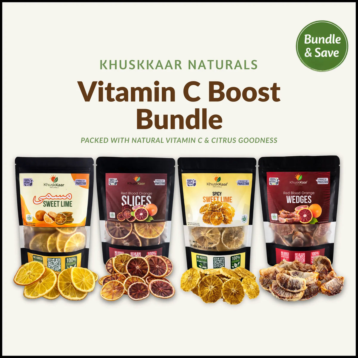 Khuskkaar Naturals Vitamin C Boost Bundle – Sweet Lime, Blood Orange Slices & Citrus Dried Fruits Combo in Pakistan