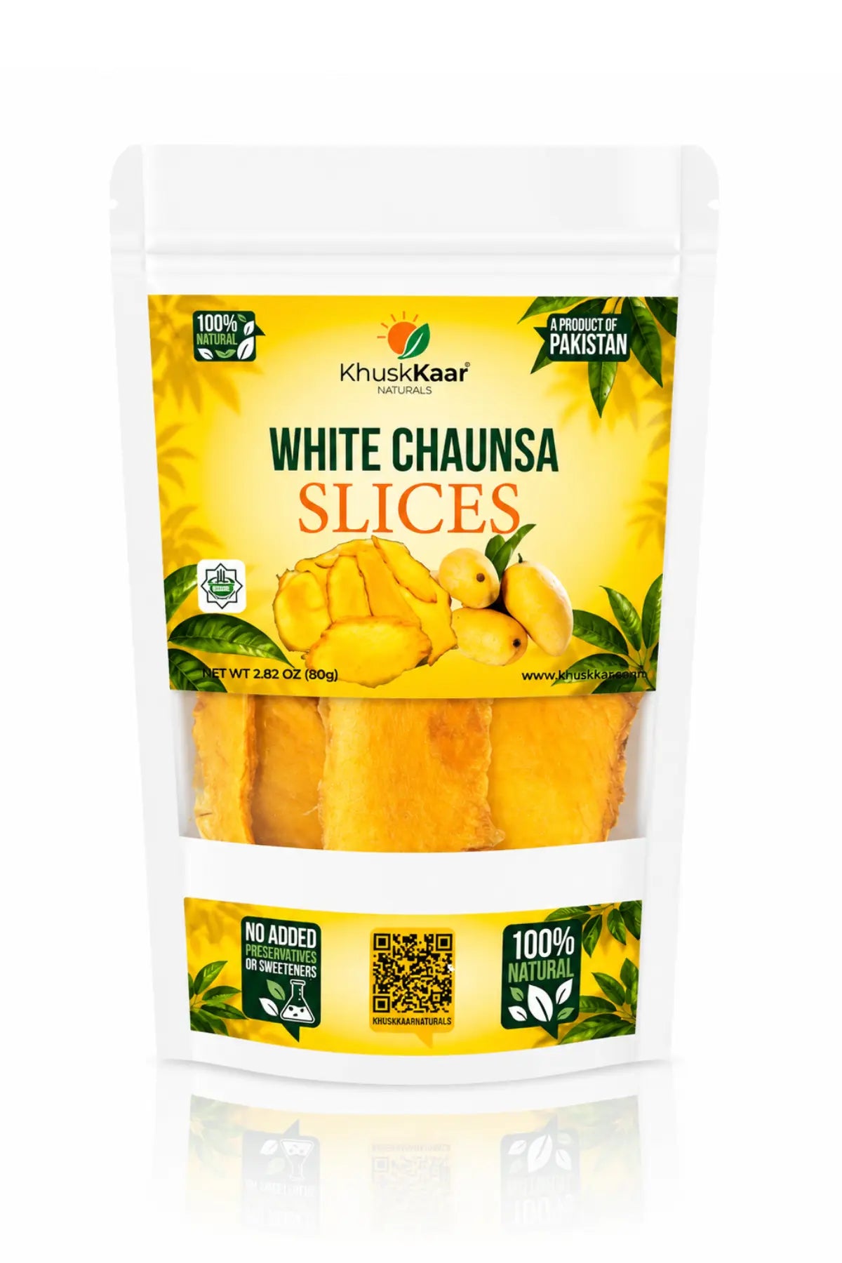 Khuskkaar Naturals Dried White Chaunsa Mango Slices 80g Front Packaging