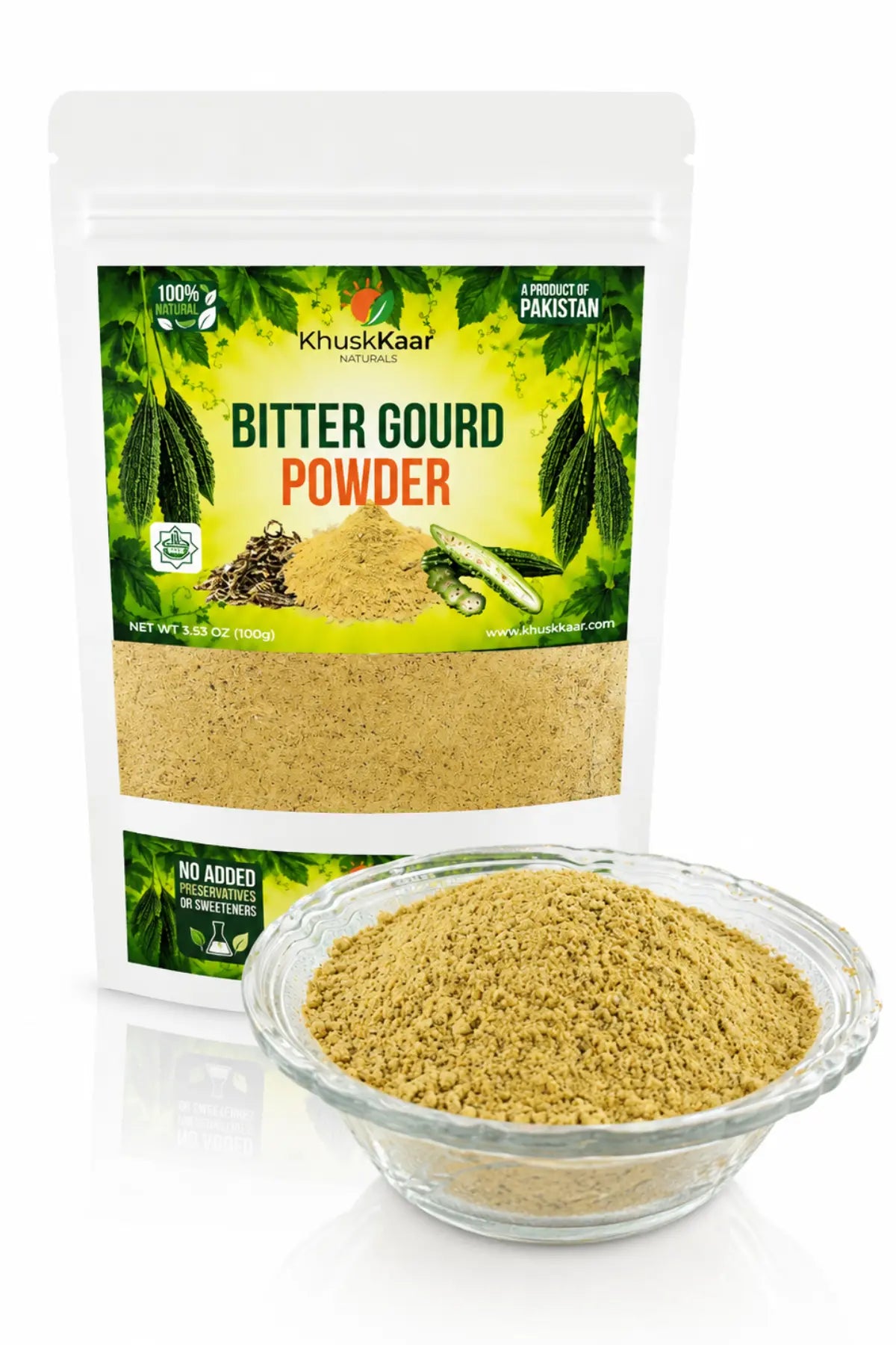 Premium Karela Powder by Khuskkaar Naturals on White Background