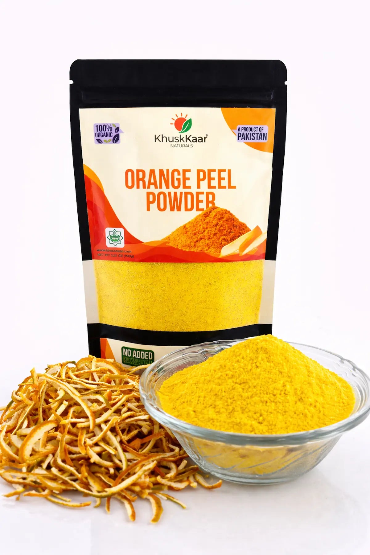 Close-up of finely ground dehydrated orange peel powder