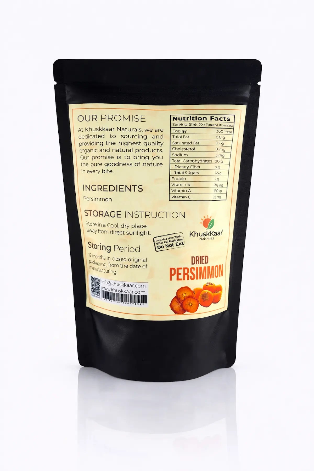Ingredients and packaging of dehydrated persimmon by Khuskkaar Naturals