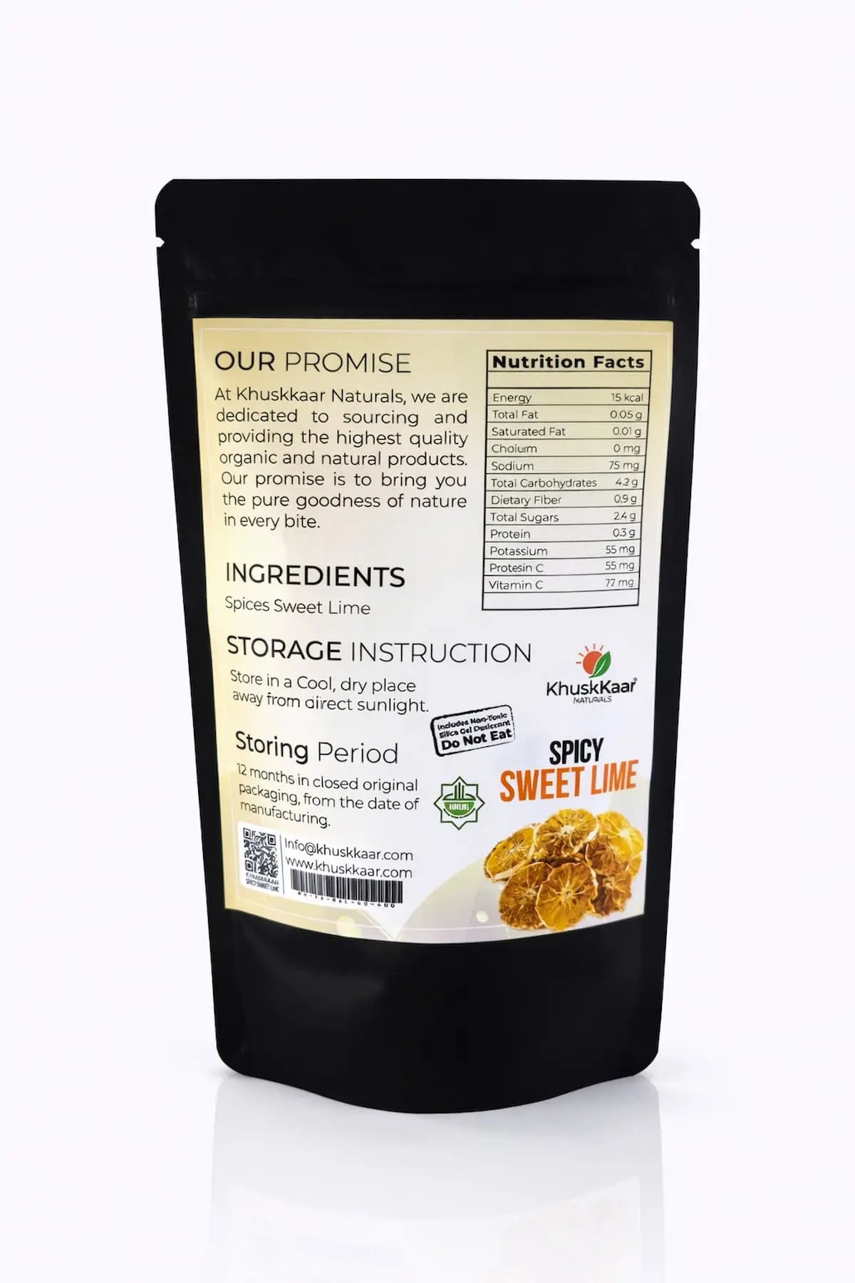 Ingredients and packaging of Khuskkaar spicy sweet lime slices