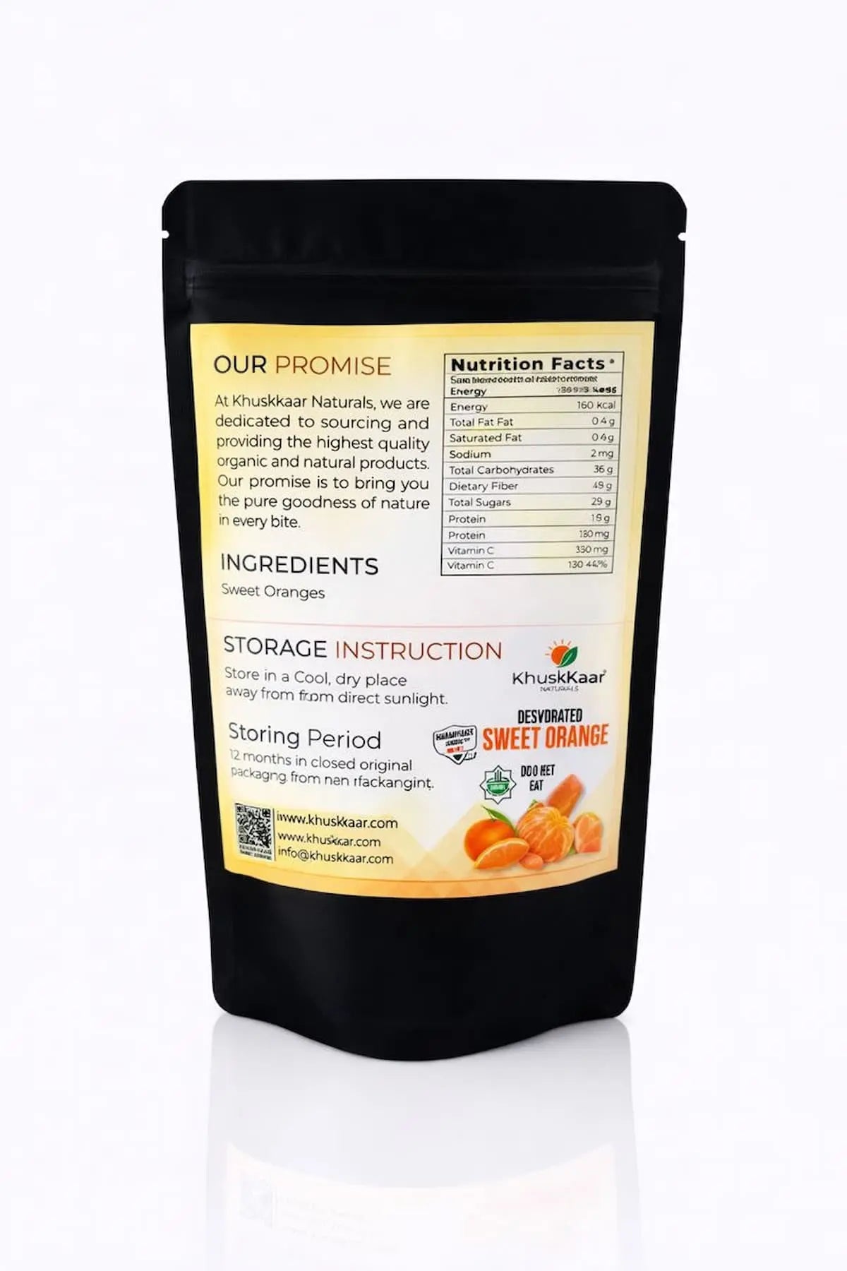 Packaging and ingredients of dehydrated sweet orange fruiter