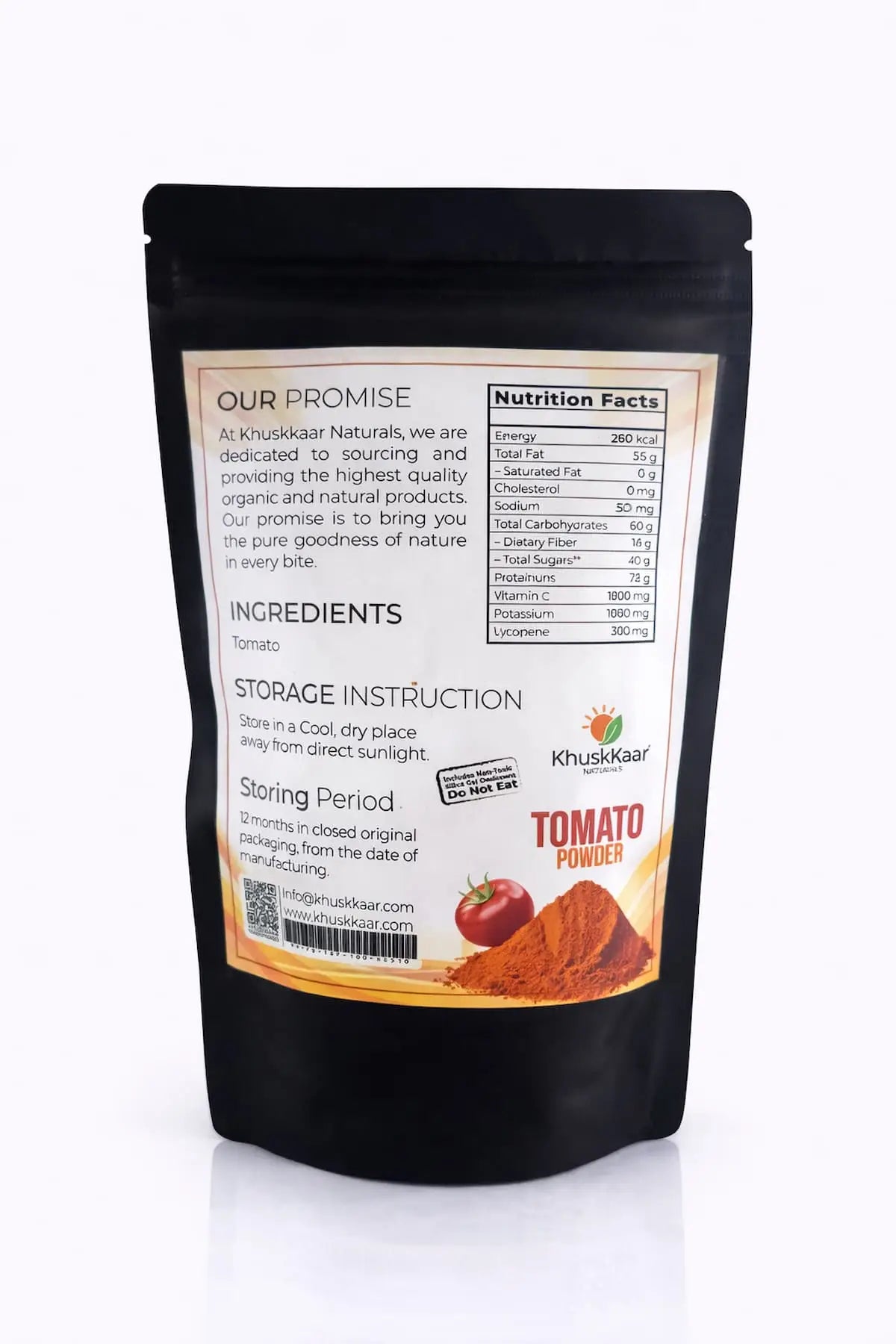 Ingredients and packaging of Khuskkaar dehydrated tomato powder