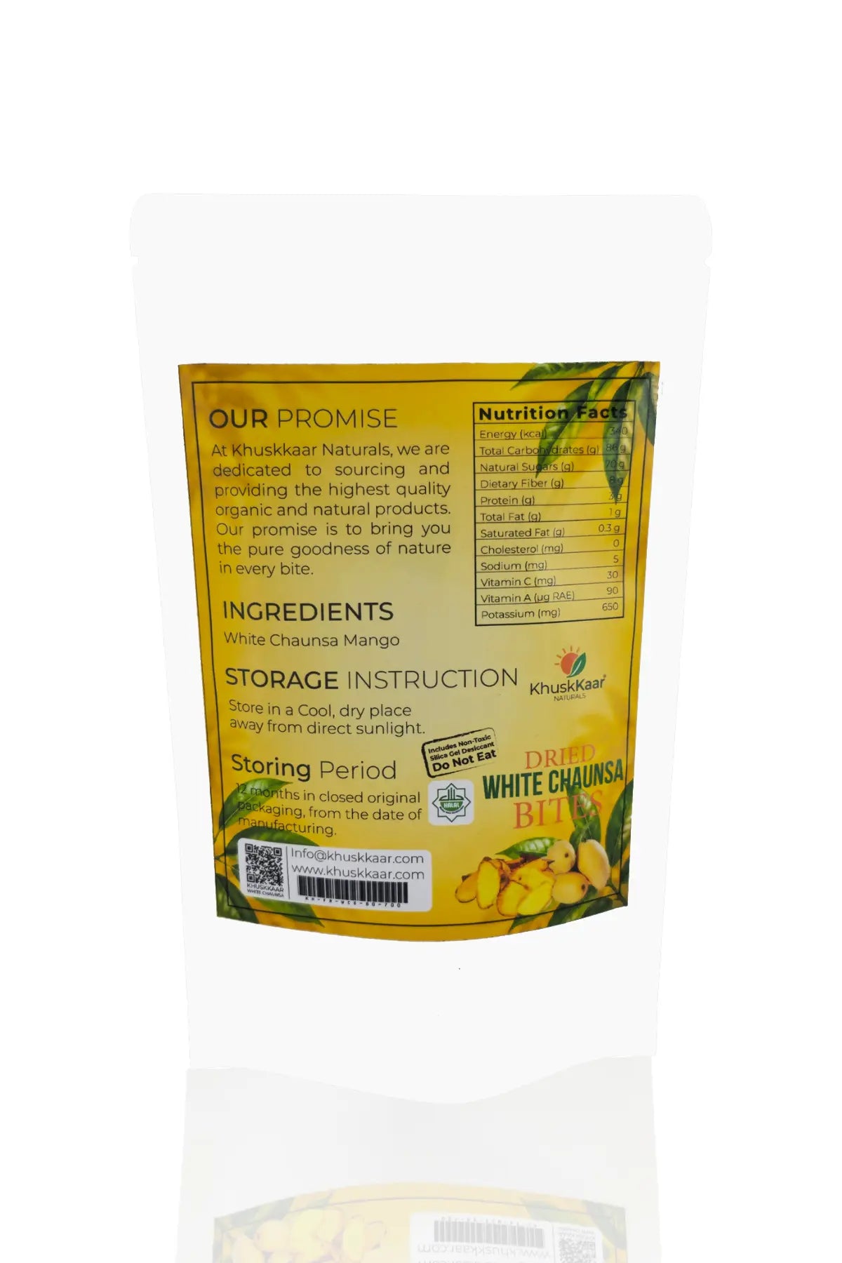 Back Label of Khuskkaar Naturals White Chaunsa Mango Slices